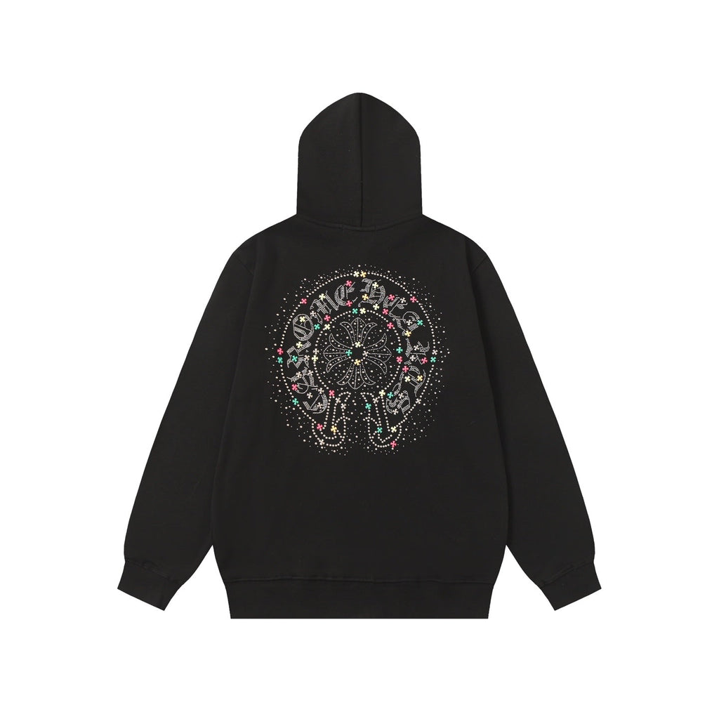 Chrome-Hearts Colorful Rhinestone Hoodie - Black Gothic Street Sweatshirt 2608