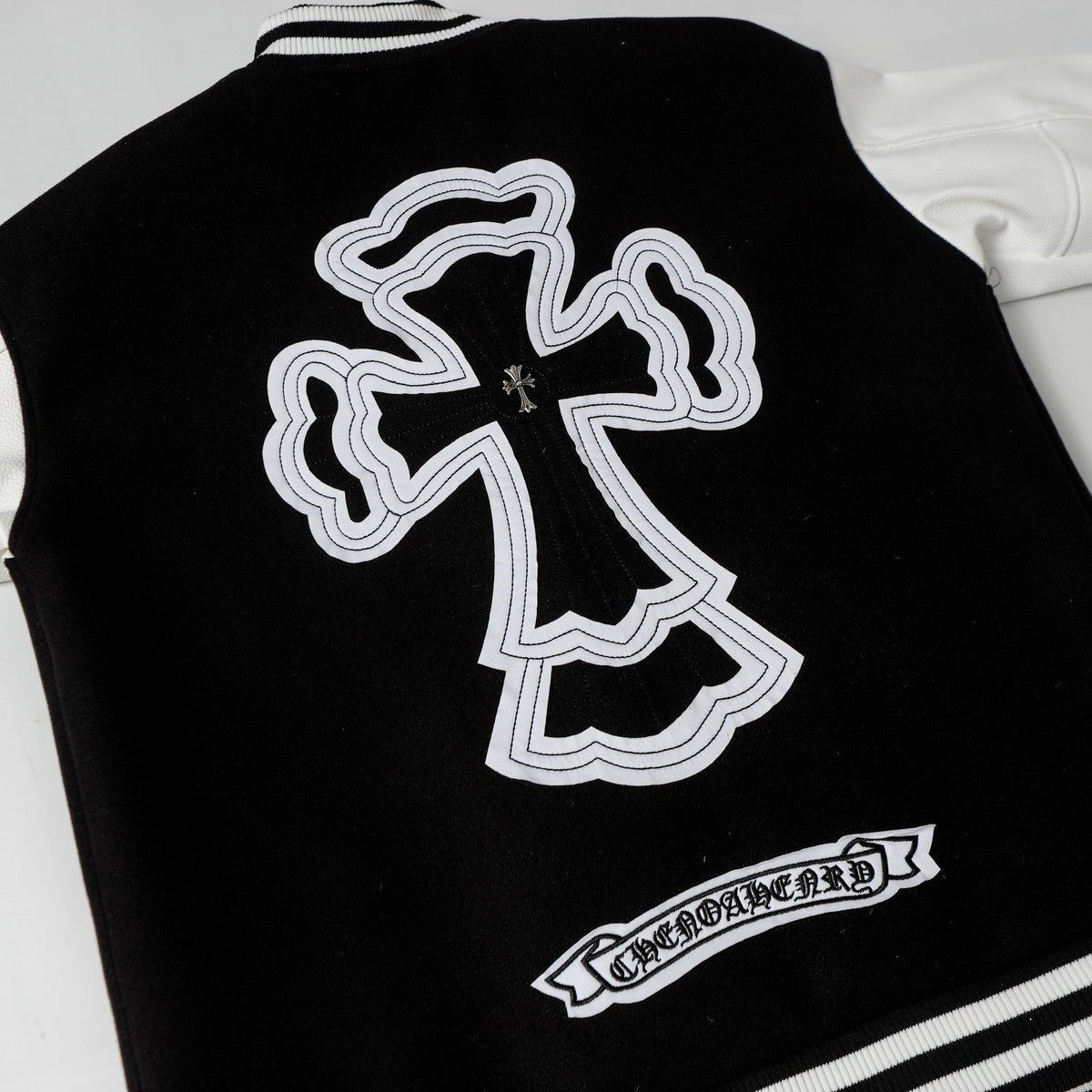 Chrome Hearts Layered Cross Varsity Jacket - Black White Street Style Outerwear 2208