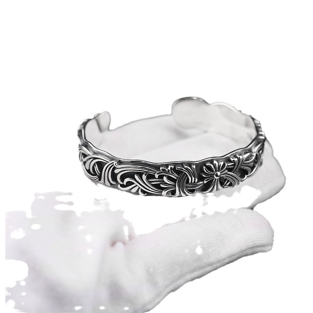 Chrome Hearts S925 Sterling Sliver Floral Cuff bracelet with intricate carvings