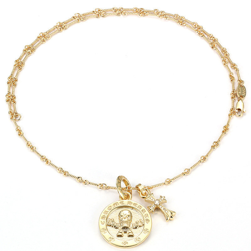 Chrome Hearts Gold Cross with Skull Round Tag Necklace