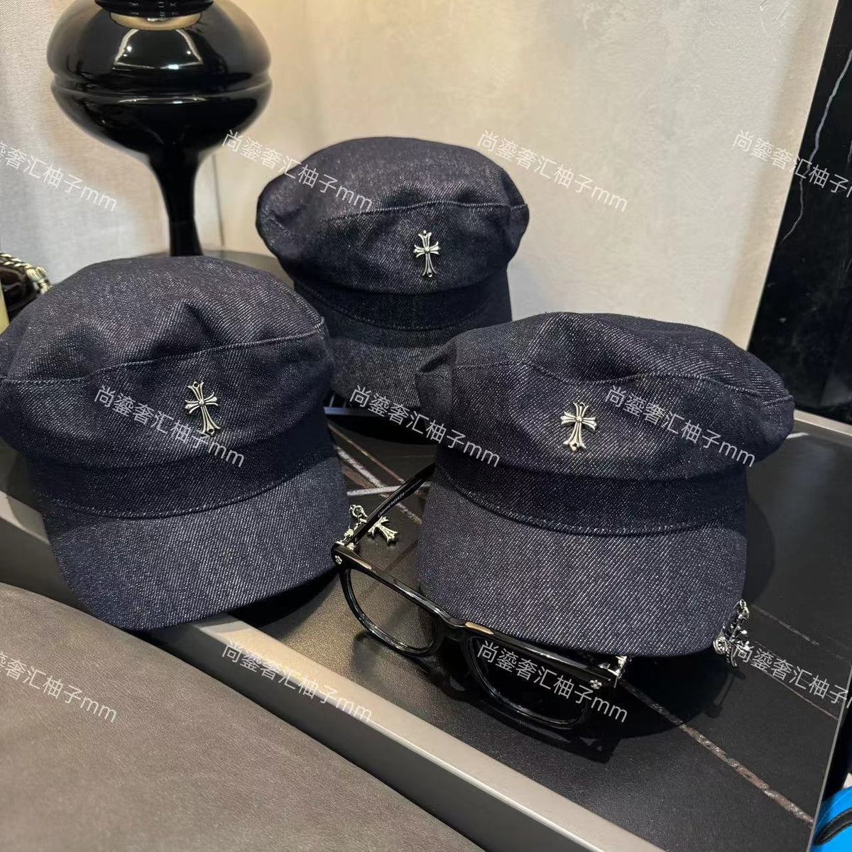 Chrome Hearts retro denim metal cross badge Flat hat