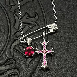 Chrome Hearts retro cube gemstone pin necklace