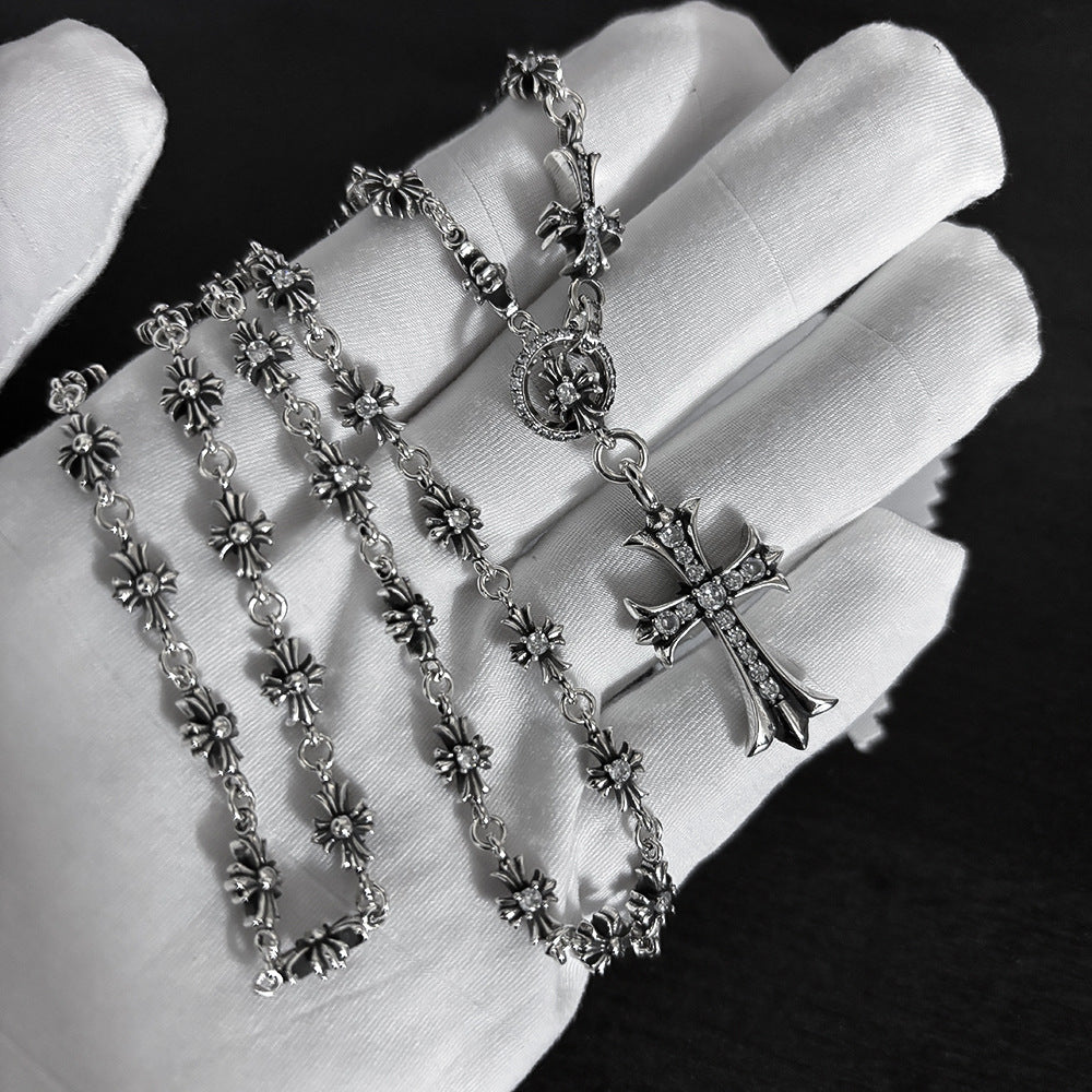 Chrome Hearts large and small cross inlaid with white diamond necklace