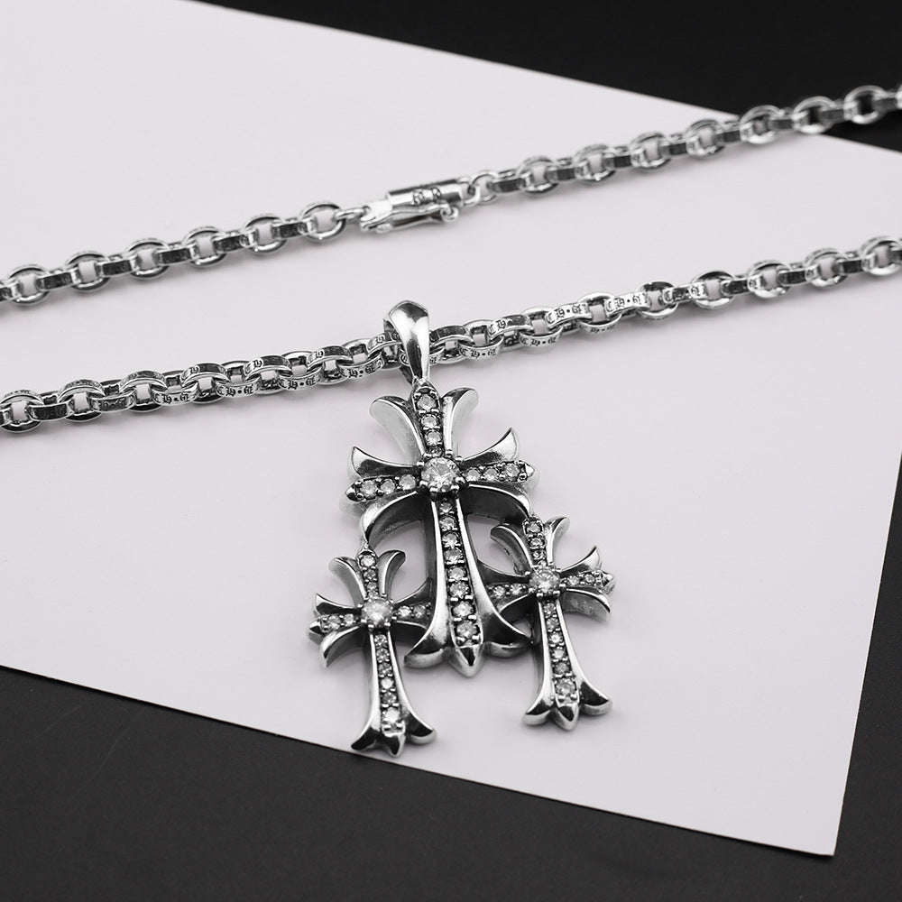 Chrome Hearts vintage diamond-studded three-cross bold letter chain