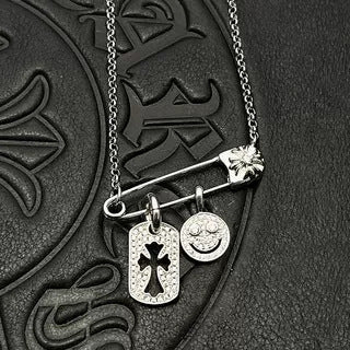 Chrome Hearts Silver Tag Smiley Face Diamond-Inlaid Pin Necklace